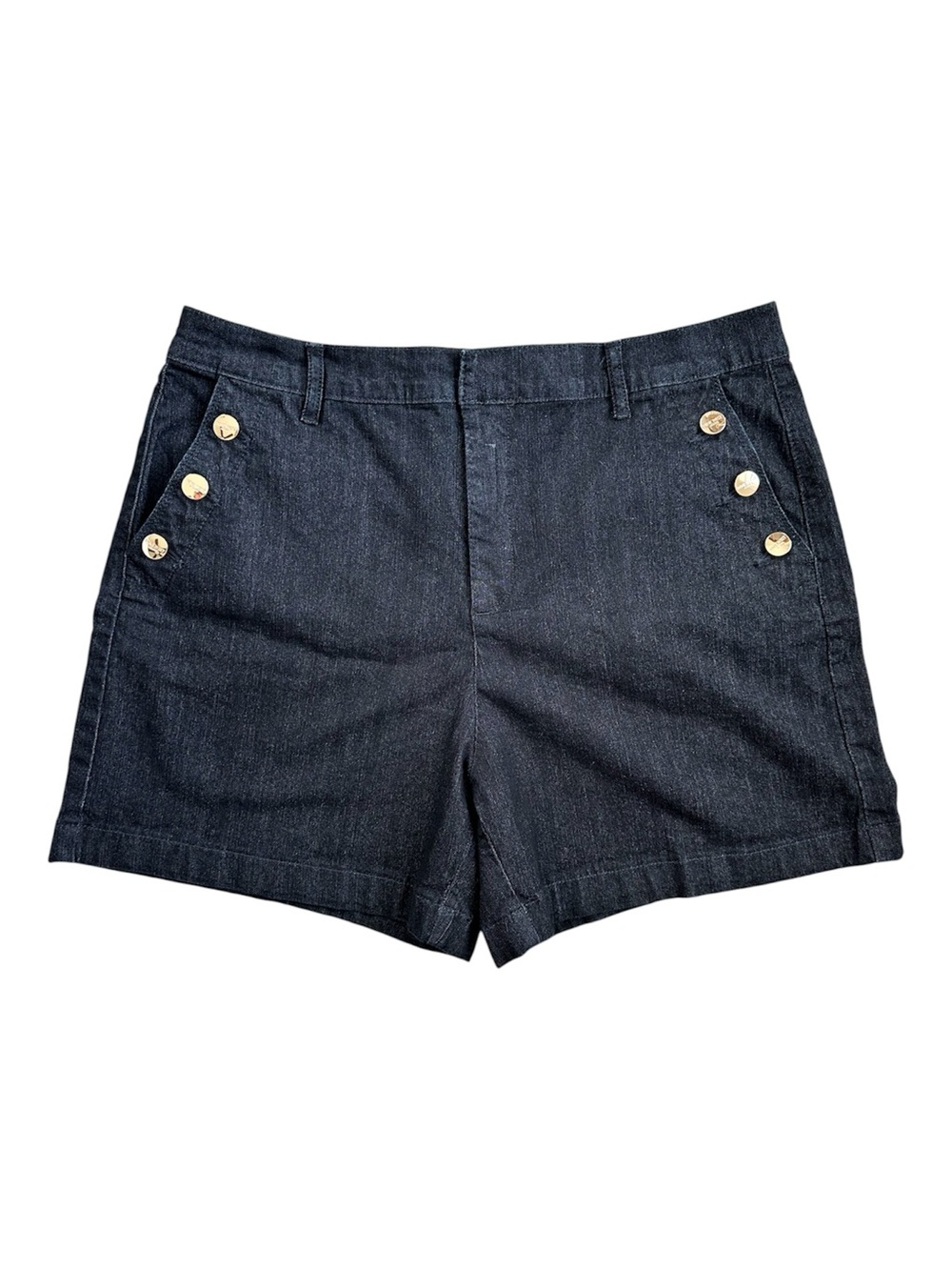 NINE WEST Women’s Dark Wash Navy  Blue Denim Sailor Shorts Gold Buttons Size 12